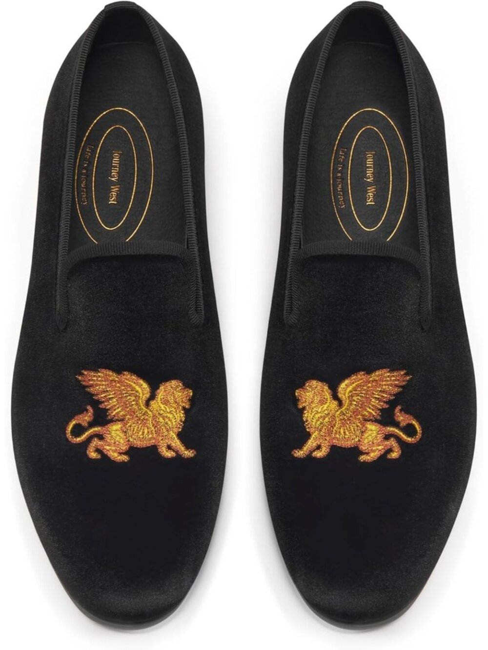 Journey West Men's Lion Black Round Toe Tuxedo Embroidery Velvet Loafers
